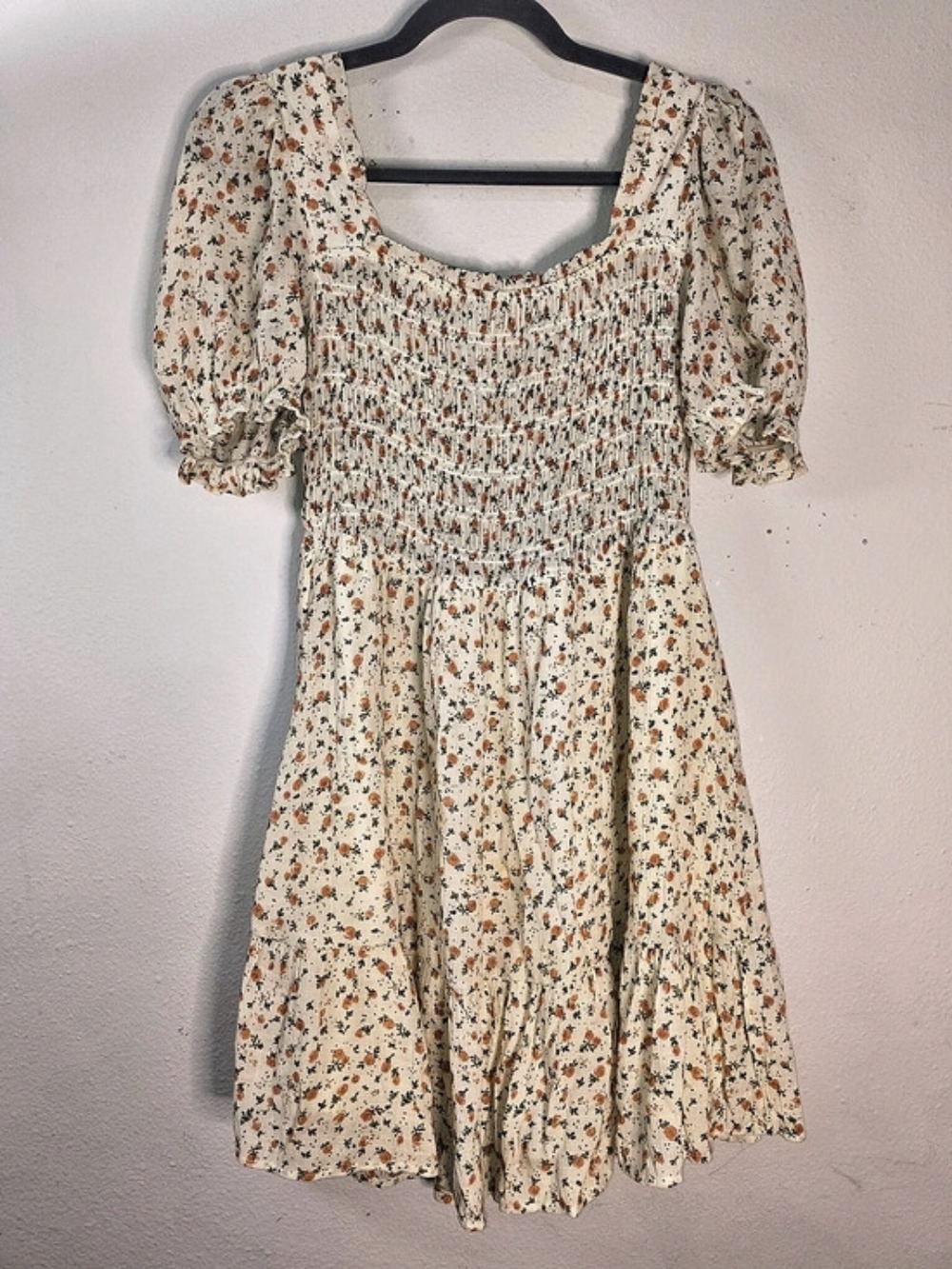 Mine Floral Cottagecore Smocked Mini Dress Puff Sleeve Orange Floral L